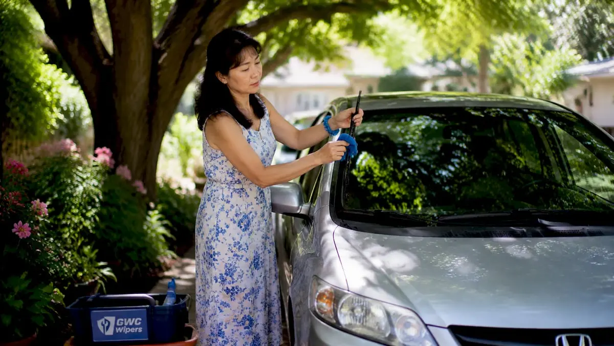 Woman cleaning Honda wiper blade in summer
