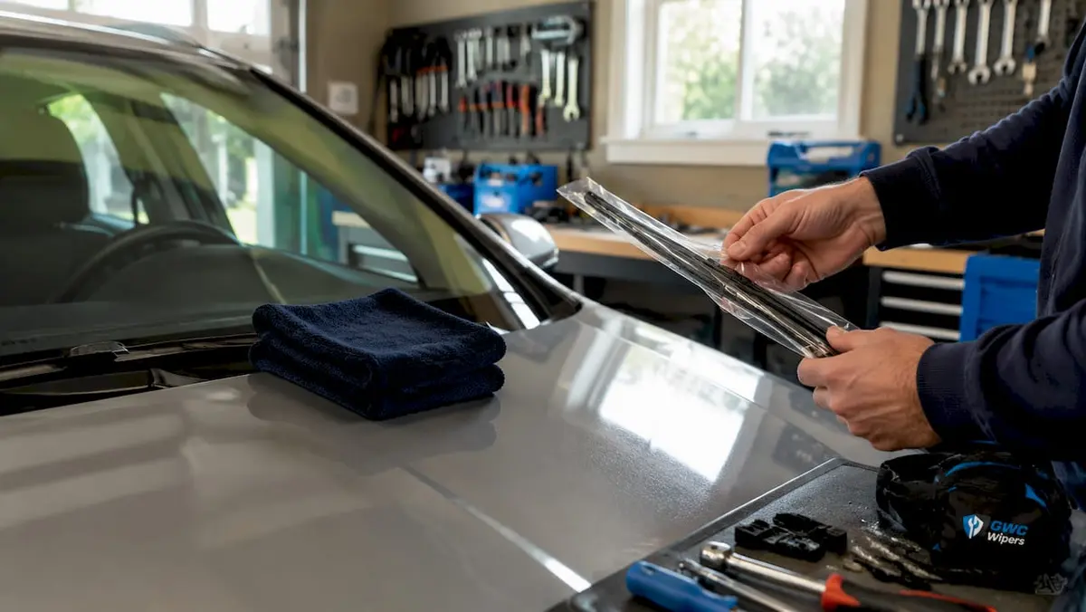 Close-up of folded towel and wiper replacement tools