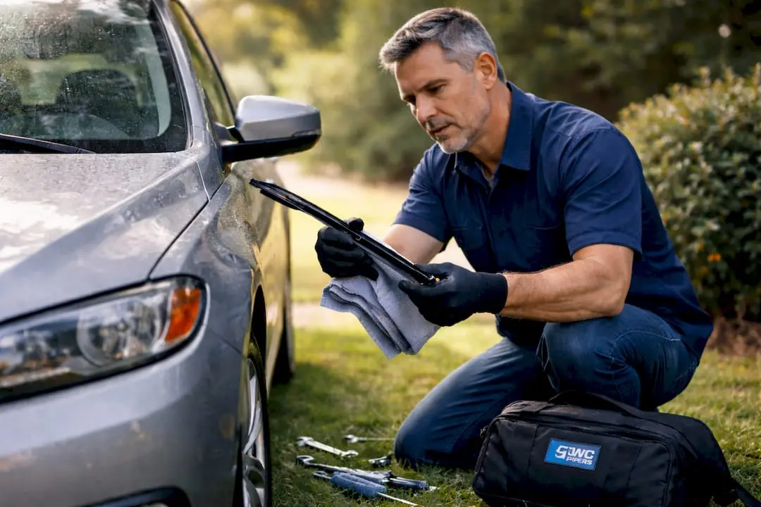Person changing windshield wiper blade outdoors