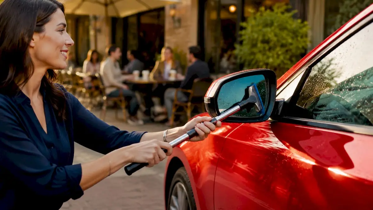 Hands using telescopic squeegee on side mirror