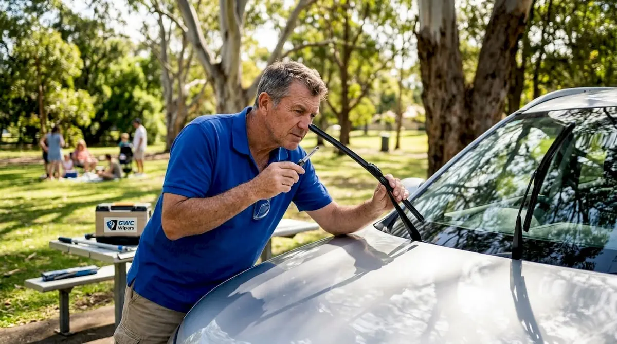 Australian driver examining wiper blade tool by SUV