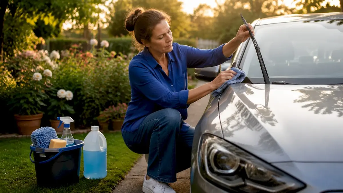 Woman cleaning car windshield wipers outdoors