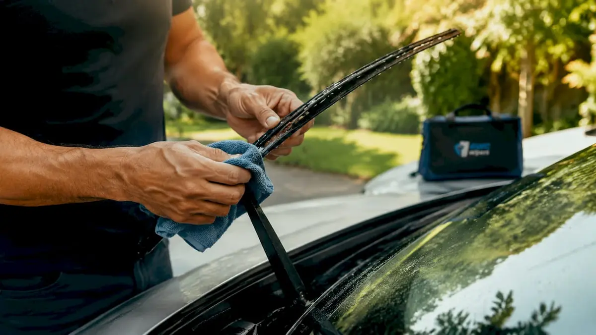 Hands cleaning windshield wiper blade close-up