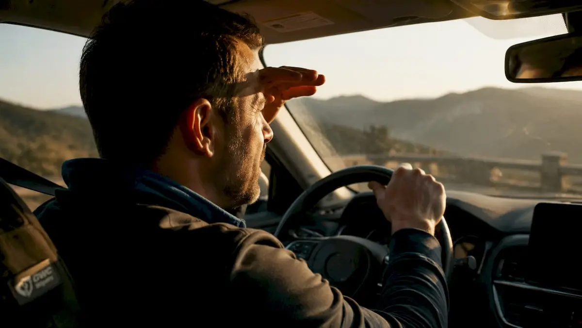 Man squinting inside car with scratched windscreen
