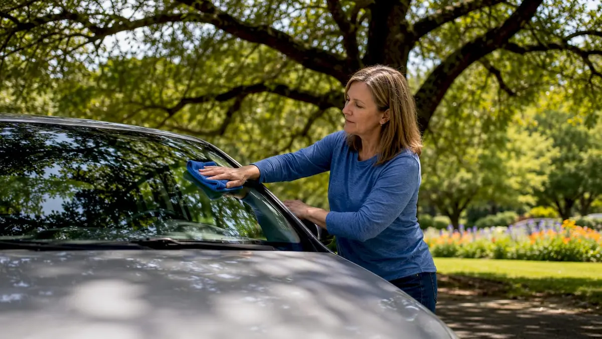 Woman cleaning car windscreen in city sun