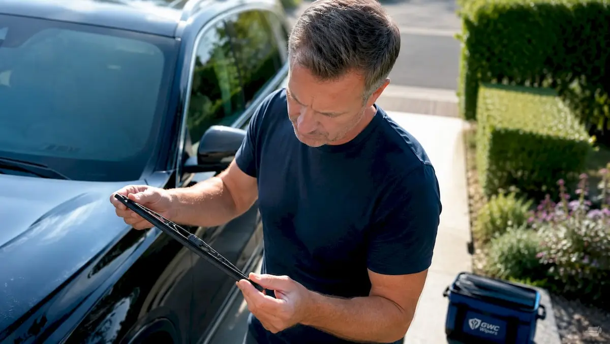Man inspecting frameless wiper blade indoors