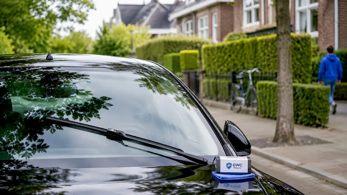 Close-up of frameless wiper on car windshield