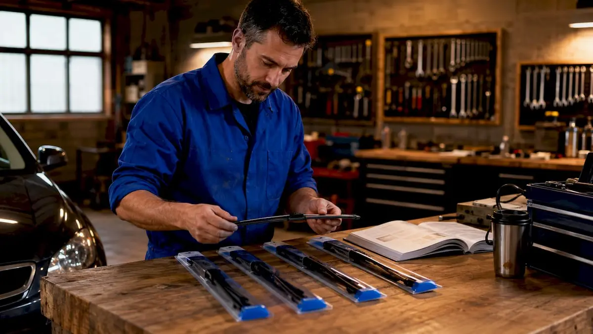 Person examining wiper blade alternatives in garage