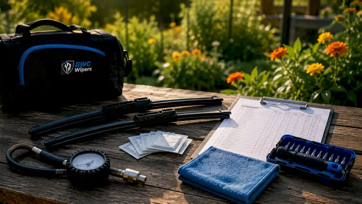 Close-up of wiper maintenance tools arranged on bench