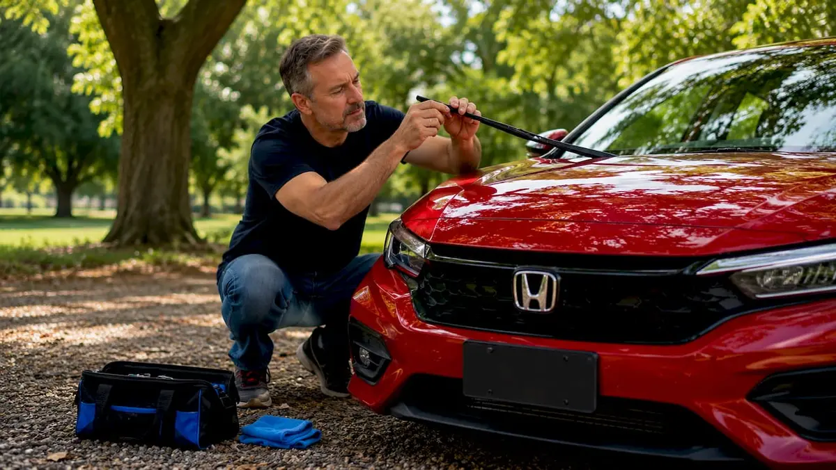 Man inspecting Honda car wiper blade outdoors