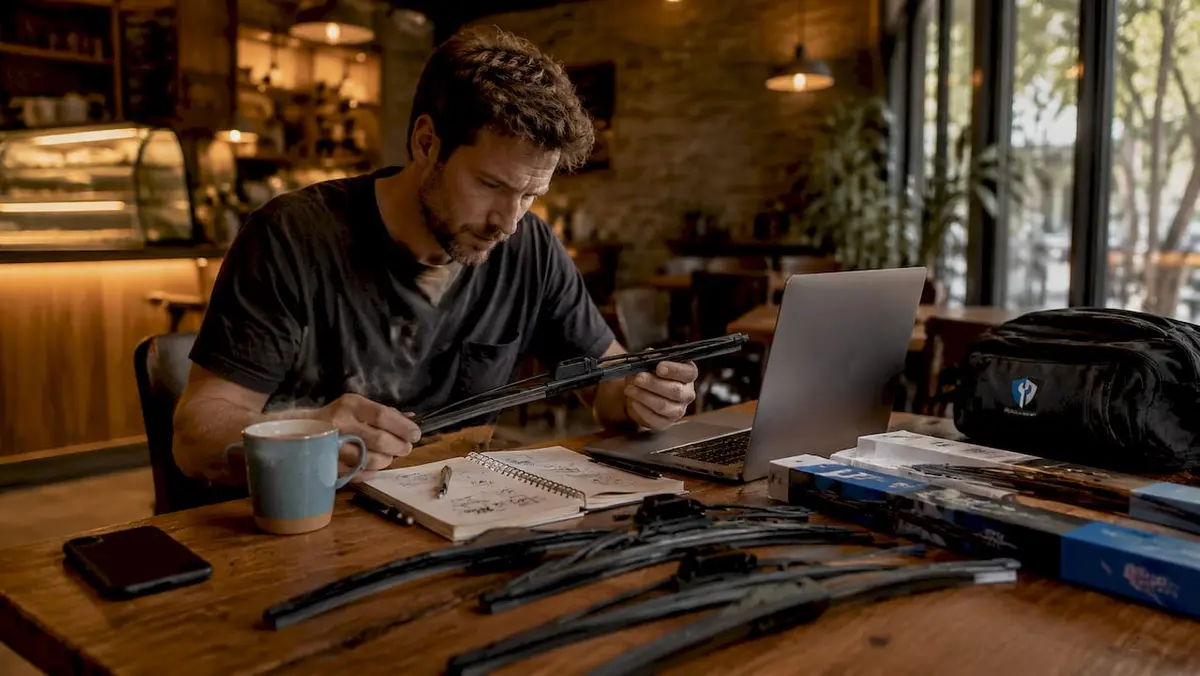 Man comparing different windshield wiper blades at kitchen table