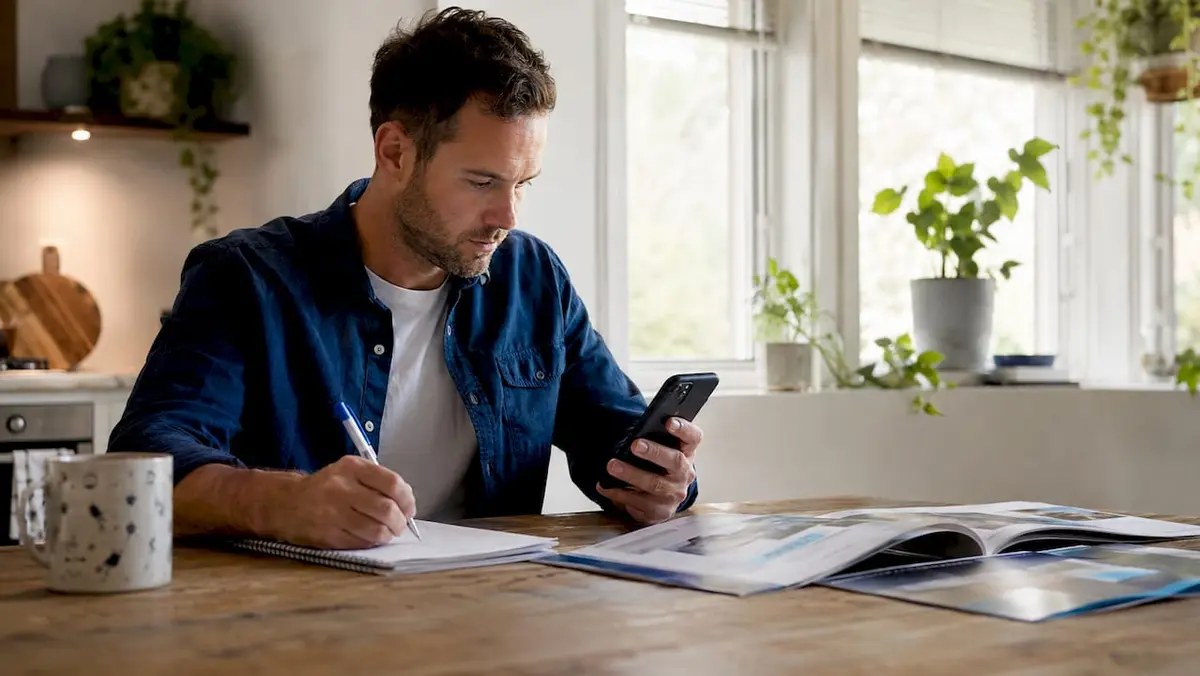 Man comparing automotive parts alternatives at home desk