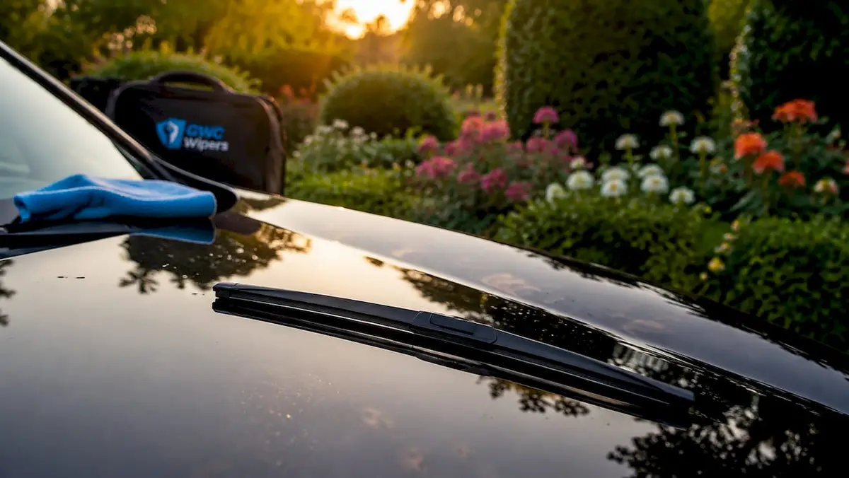 Close-up of graphite coated wiper blade on windshield