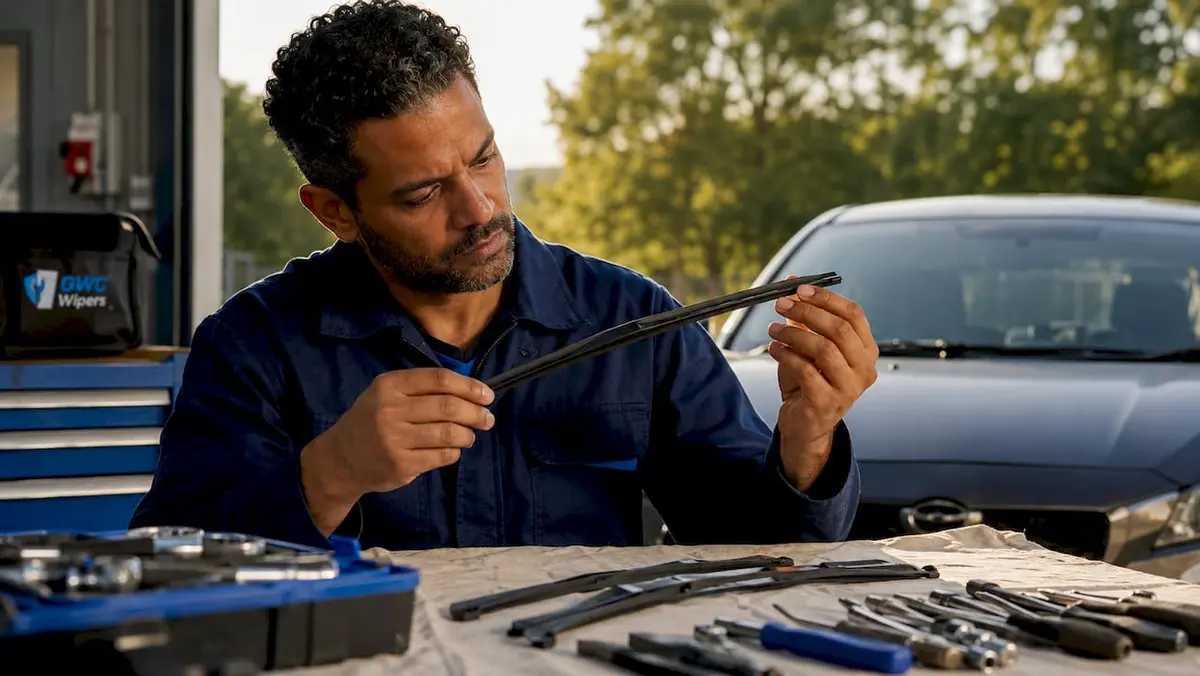 Car technician examining graphite wiper blade