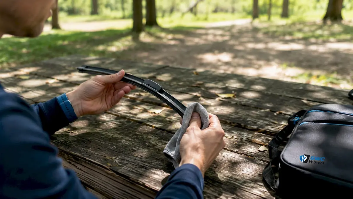 Hands inspecting windshield wiper blade in garage