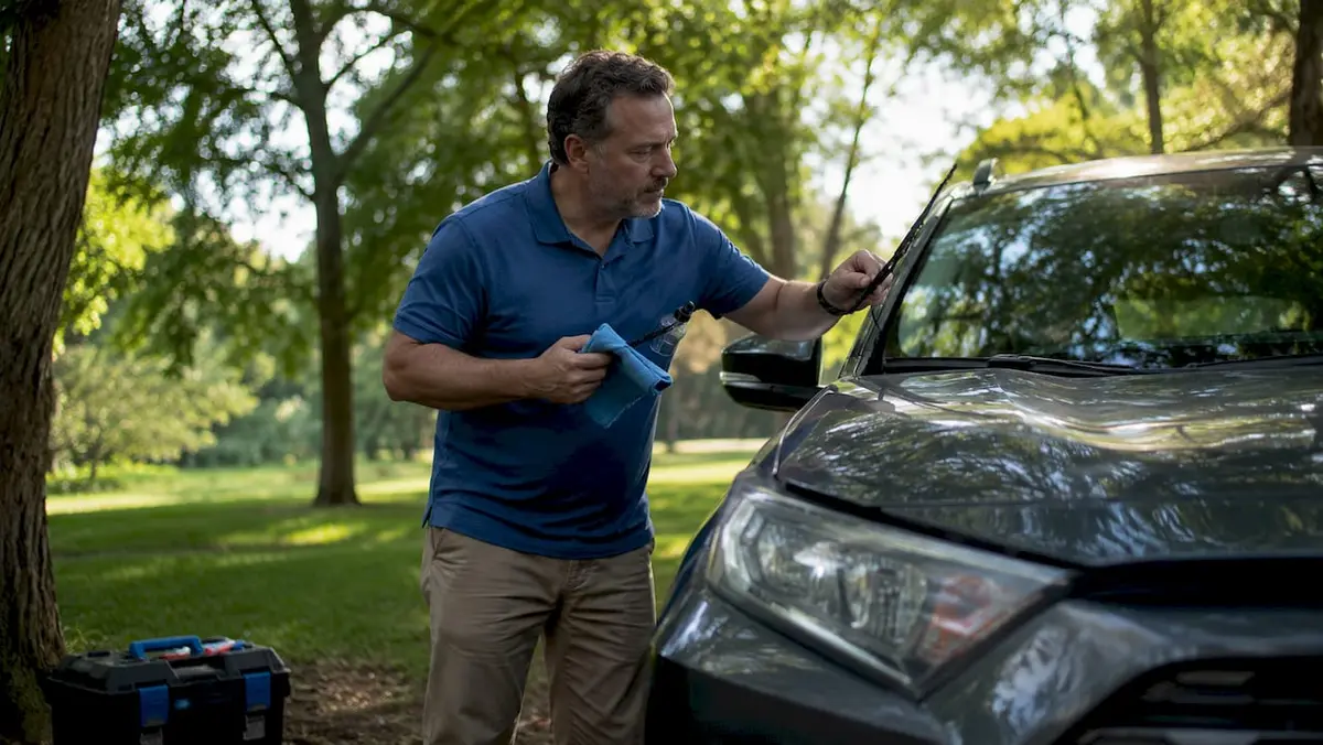 Man inspecting car wiper blade outdoors