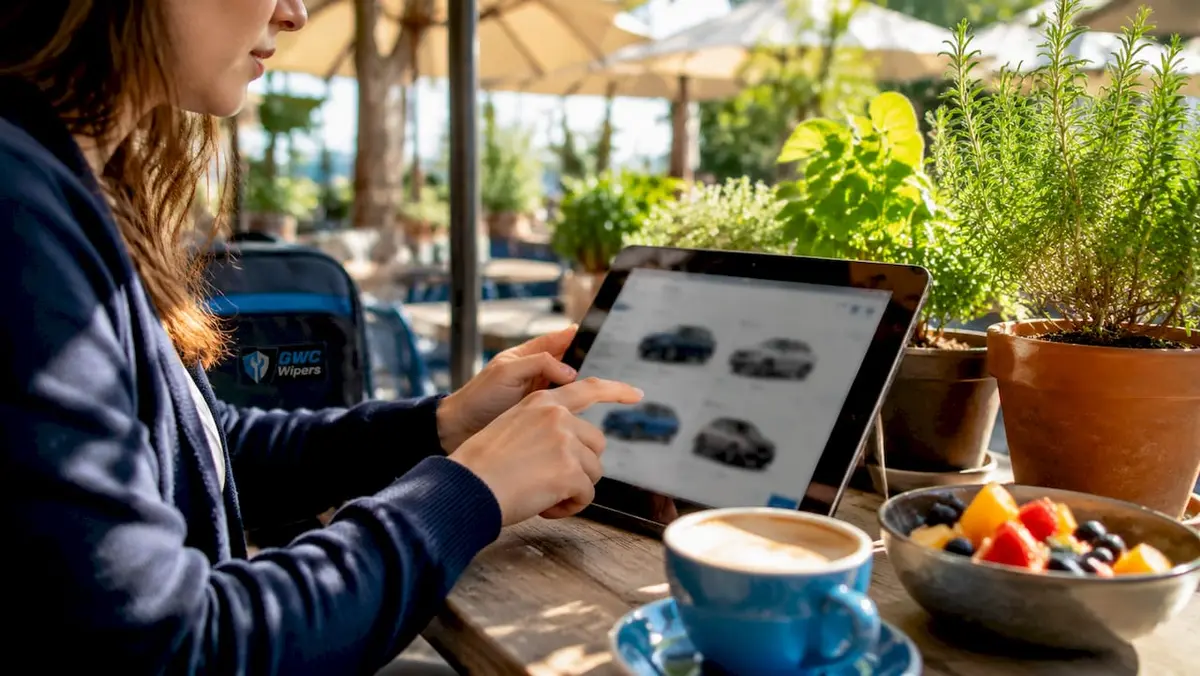 Close-up of hands interacting with vehicle selector tablet