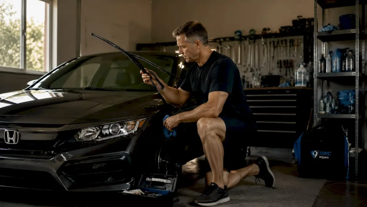 Australian driver inspecting Honda wiper blades outdoors