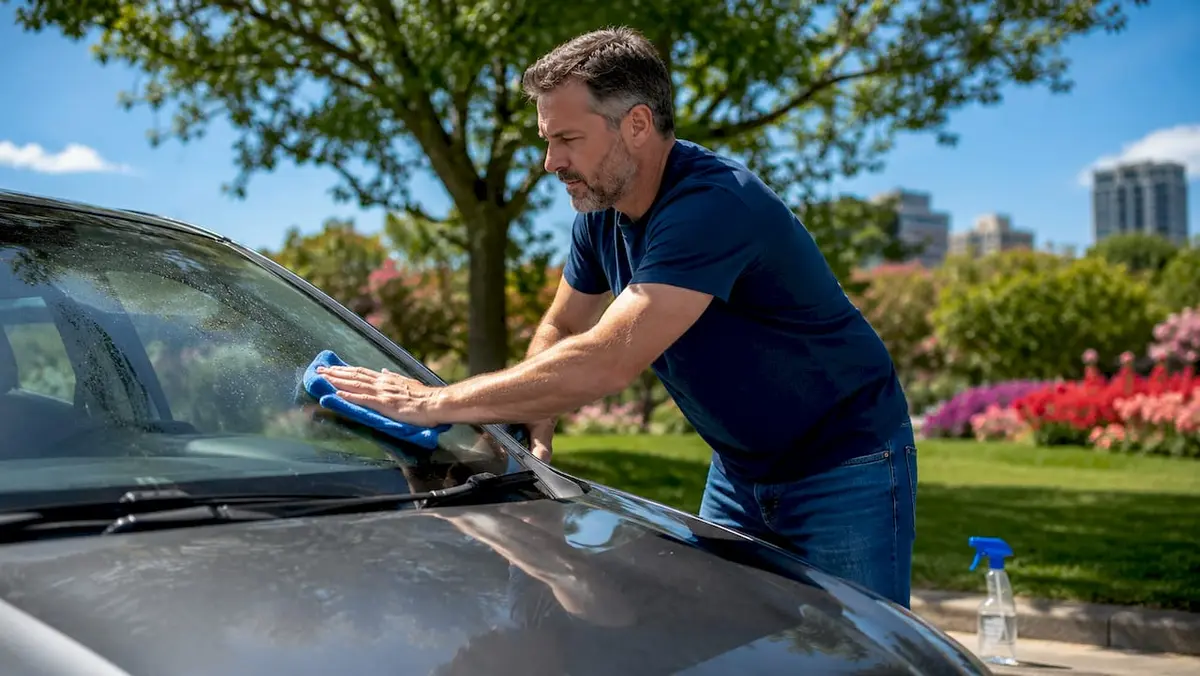 Man wiping car windshield for streak-free finish