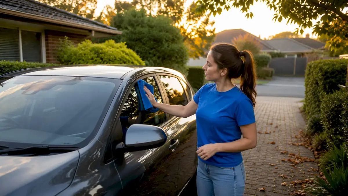 Hands wiping car glass with microfiber cloth