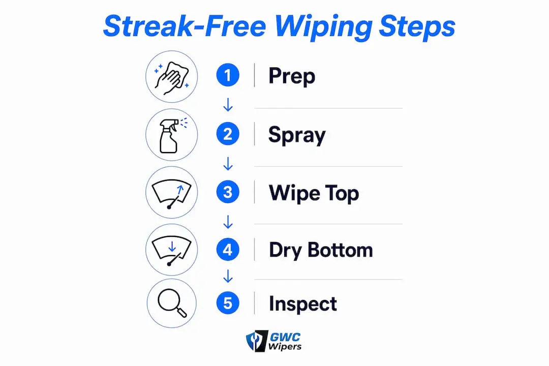 Infographic illustrating steps for streak-free wiping on car glass