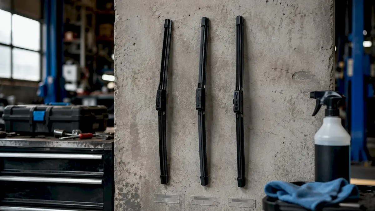 Close-up of three Honda wiper blade types on workbench