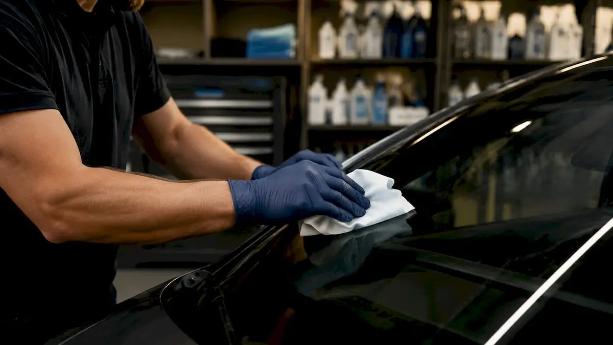 Technician wiping car windshield with advanced wipe