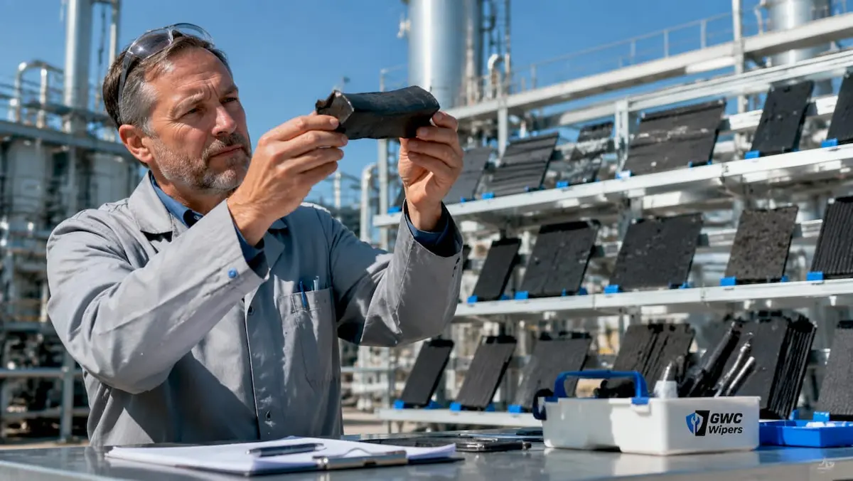 Engineer examining UV-resistant rubber sample outdoors