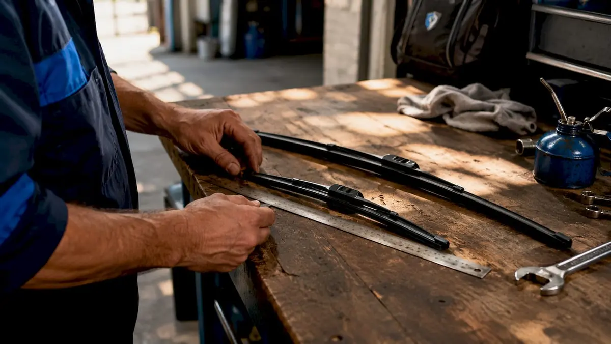 Hands measuring two car wiper blades side by side