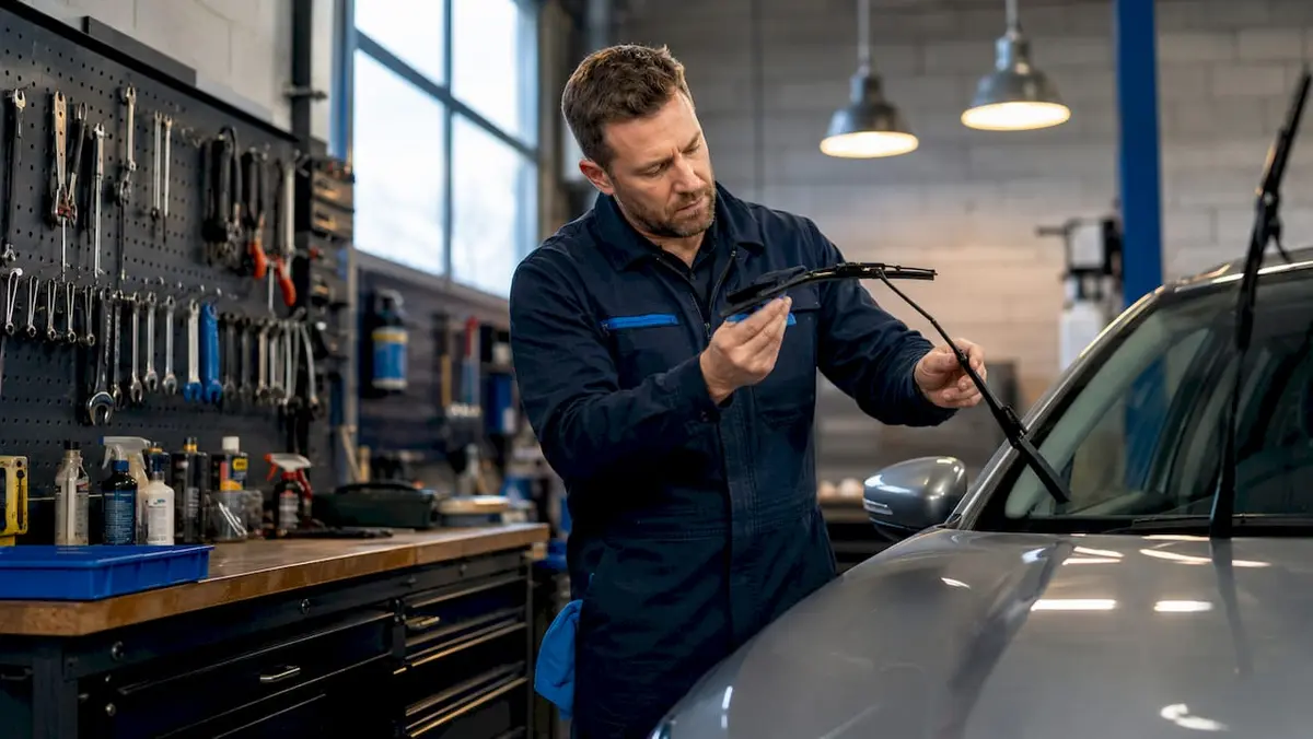 Mechanic replacing car wiper blade outdoors