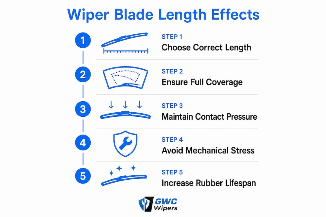 Infographic illustrating steps of proper wiper blade length effects