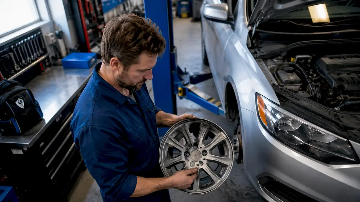 Mechanic inspecting OEM car wheel
