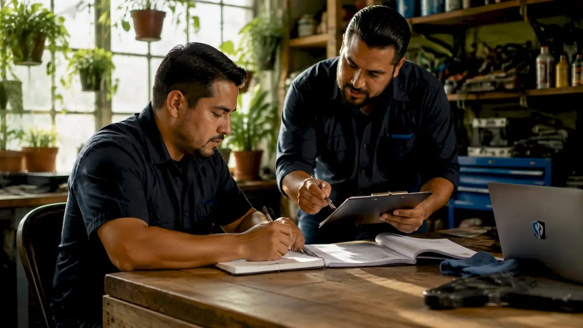 Technicians reviewing fleet maintenance budget