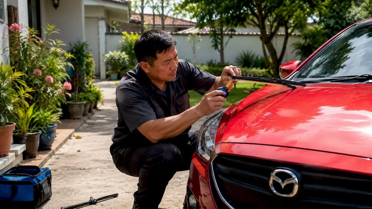 Mechanic inspecting Mazda 2 front wiper blades