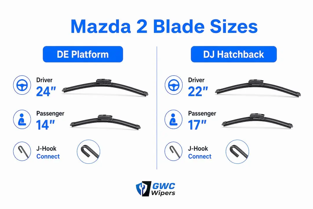 Infographic comparing Mazda 2 wiper blade sizes and connectors