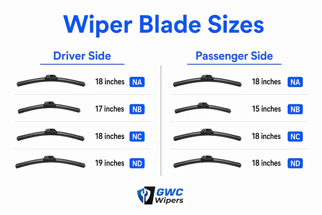 Infographic comparing Mazda MX-5 wiper blade sizes by side and generation