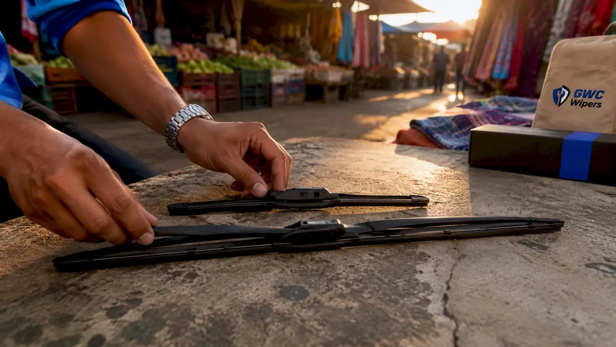Hands comparing front and rear wiper blades side by side