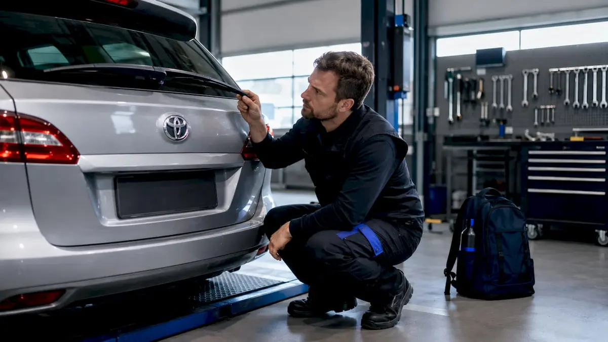 Mechanic inspecting rear wiper blade on Toyota wagon