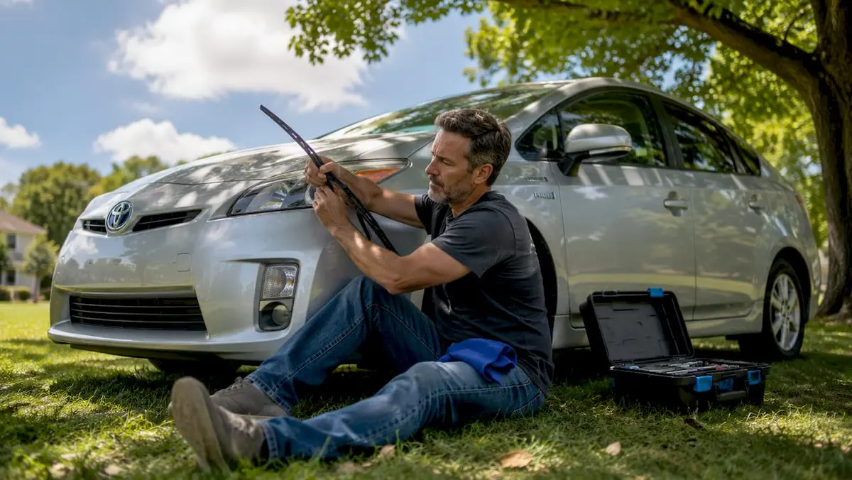 Man replacing wiper blade on Toyota Prius