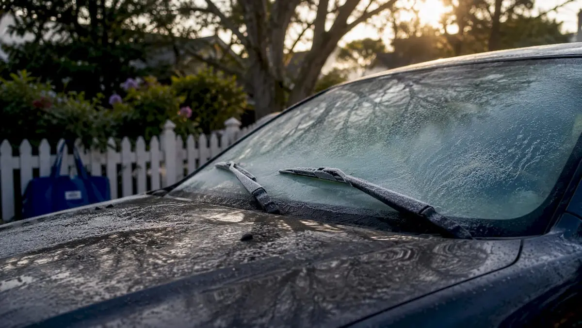 Frozen car windshield wipers on icy windscreen