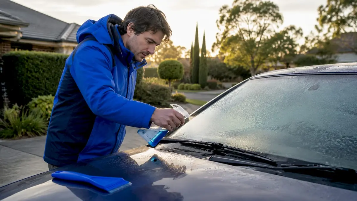 Person spraying de-icing fluid on frozen wipers