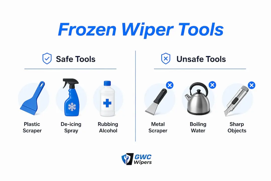 Infographic comparing safe and unsafe tools for frozen wipers