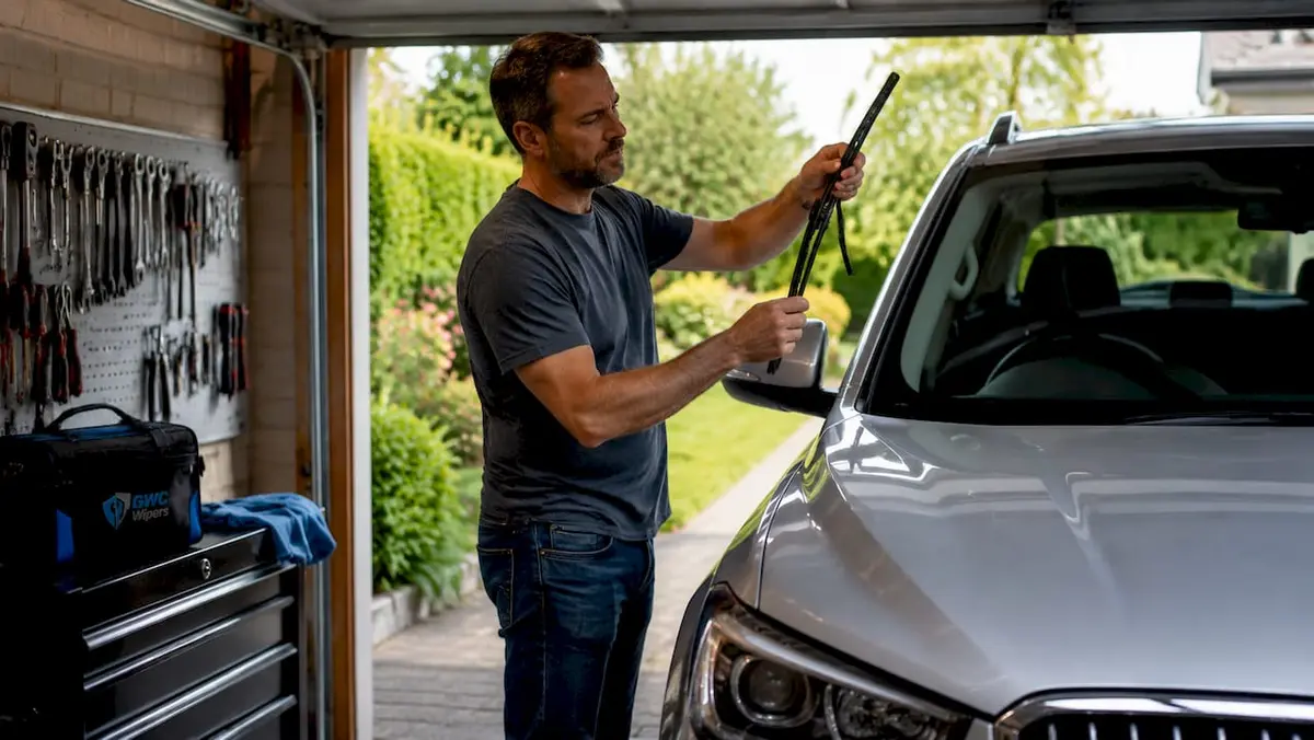 Man replacing wiper blade on SUV windshield