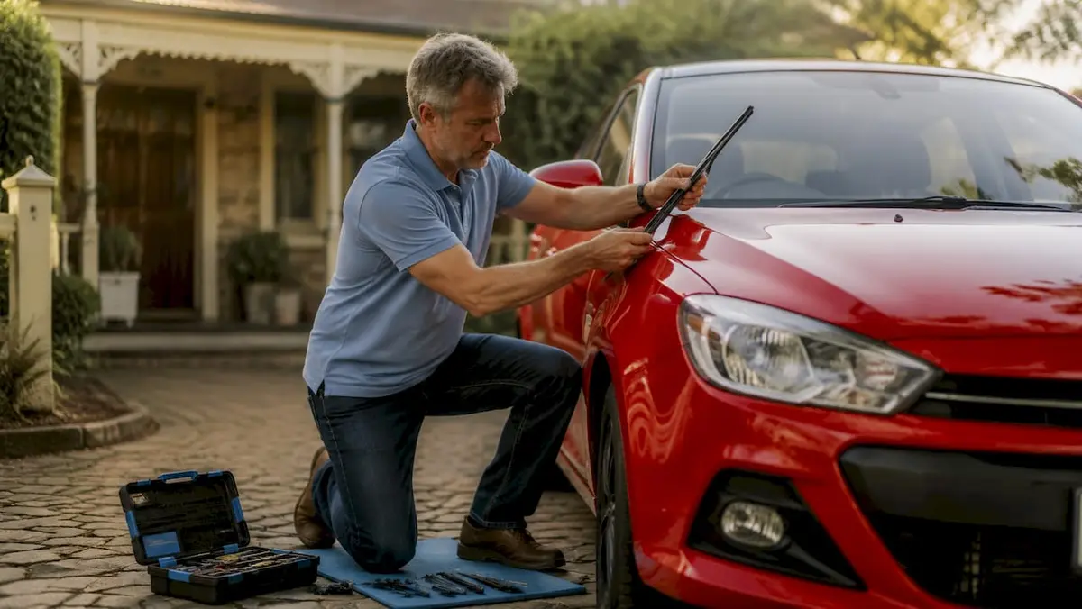 Man changing wiper blade on white sedan