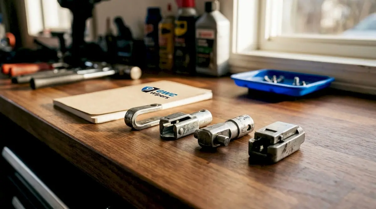 Four types of wiper arm connectors on workbench