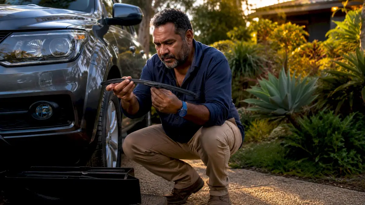 Australian man inspecting windshield wipers outdoors