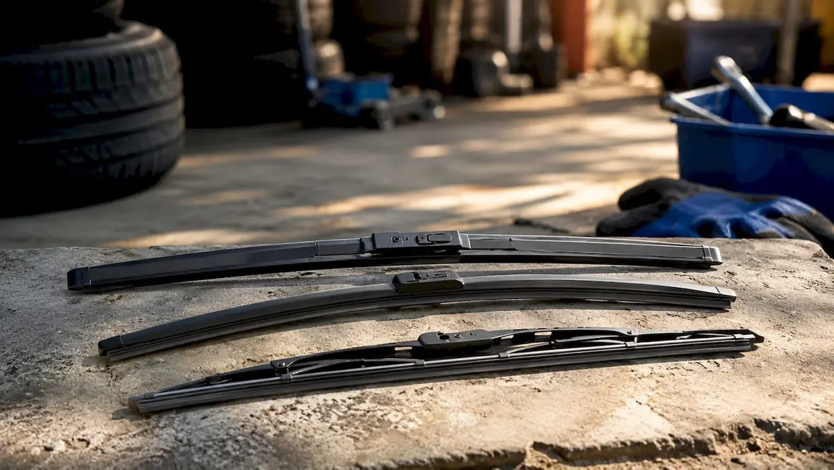 Close-up of three windshield wiper blade types
