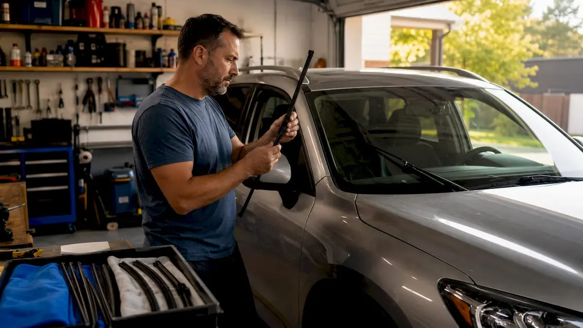 Man inspecting car wiper blade outdoors