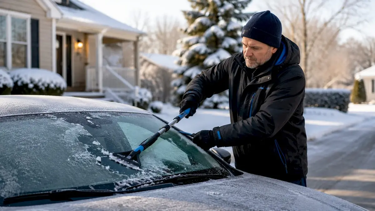Man scraping frost from car windshield outdoors