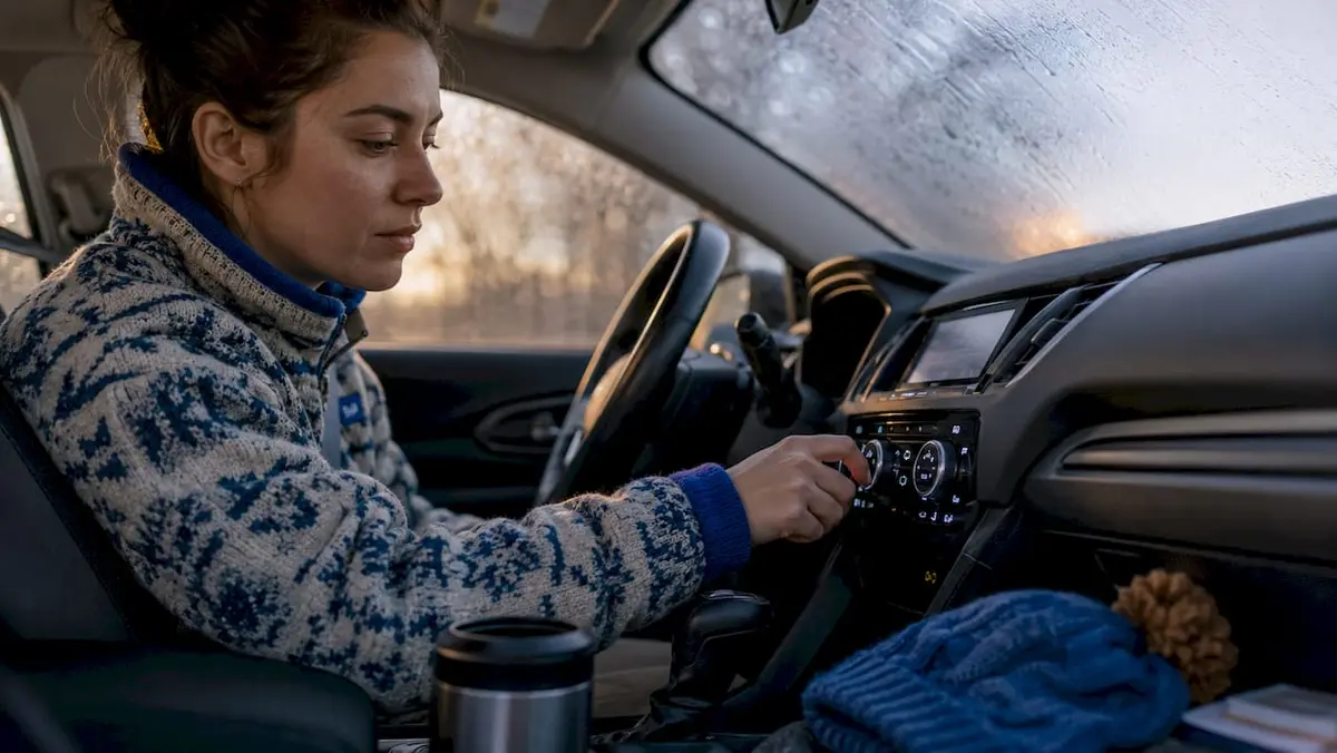 Driver adjusting car climate controls in winter